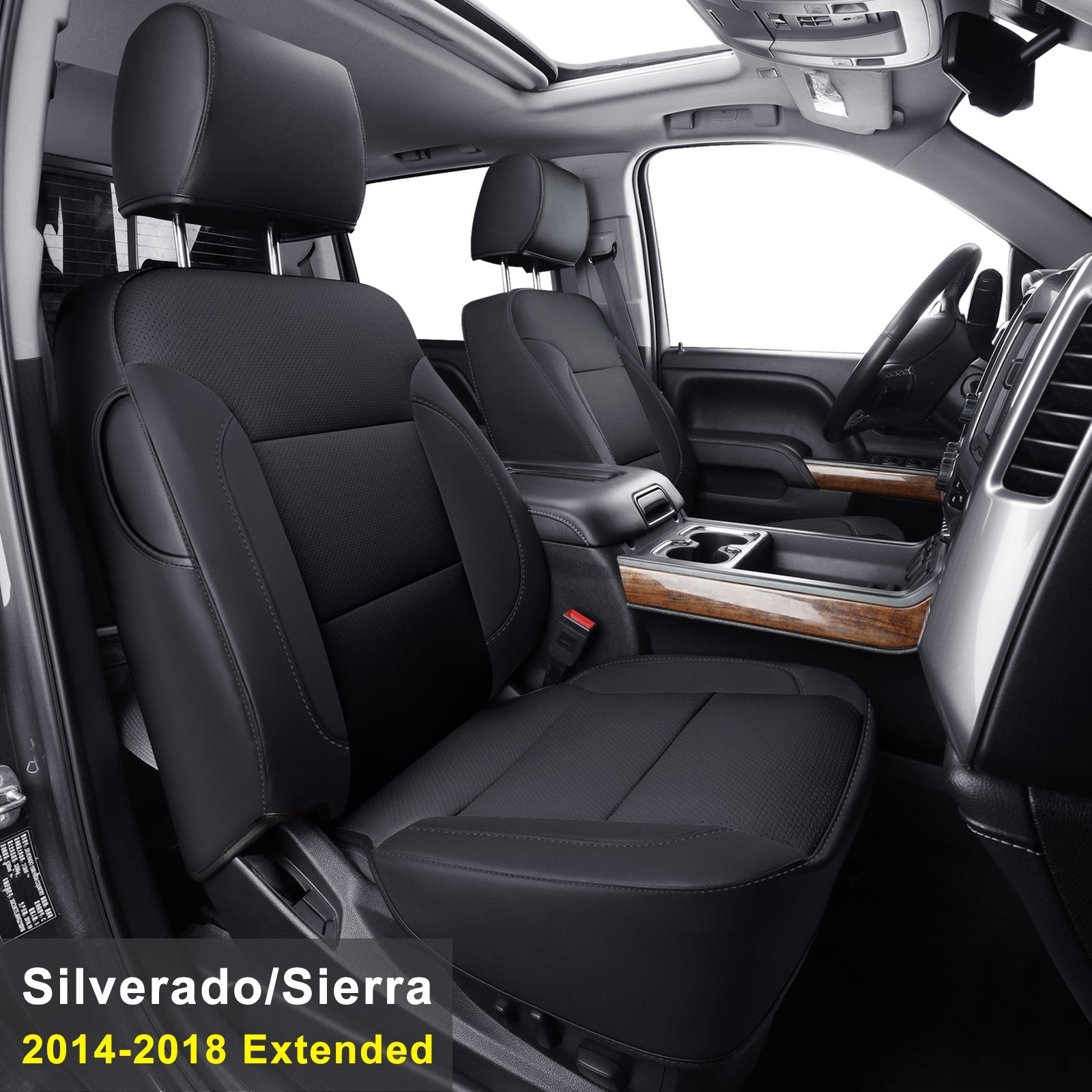 LUCKYMAN CLUB Propraj Silverado Seat Covers 2007-2024 Chevrolet Silverado Sierra 1500/2500HD/3500HD skipo, tute kovritaj sidlokoj, duobla, plilongigita fiakro, akvorezista ledo, ĉiuj sezonoj 