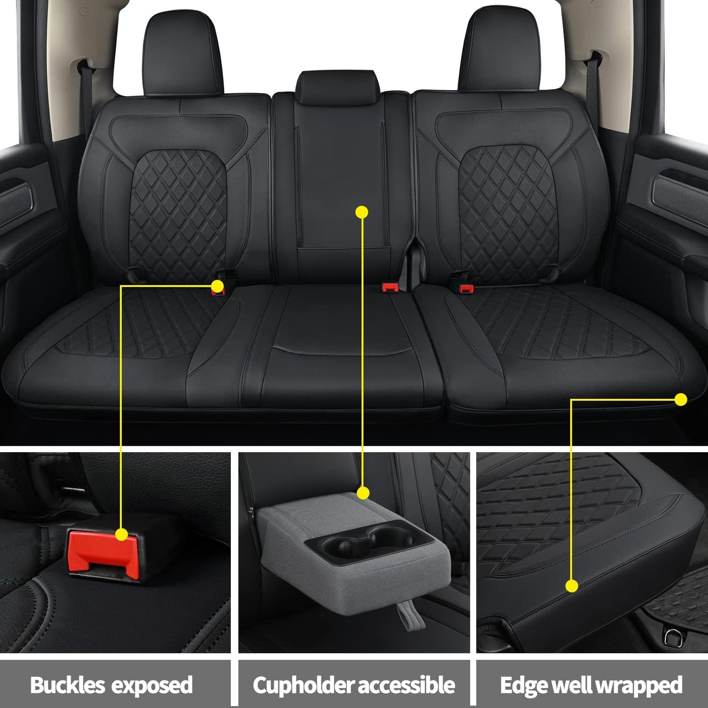 LUCKYMANCLUB Ram 1500Seat Covers,2011-2024,1500/2500/3500Crew Cab Akvorezistaj Sidlokokovriloj FullSet, Custom Fit Ram Bighorn Laramie Limited Rebel Longhorn Pickup kun 4/6 Split Malantaŭa Sidlo 