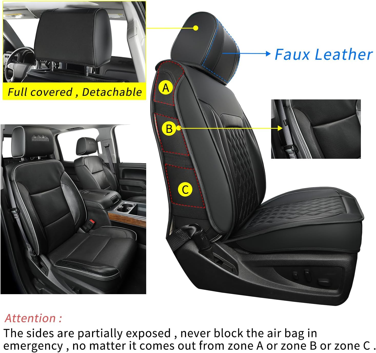 LUCKYMAN CLUB Silverado Faux Leather Seat Covers, Fit for 2014-2025 Chevy Silverado GMC Sierra 1500 and 2020-2024 2500HD 3500HD Crew Cab