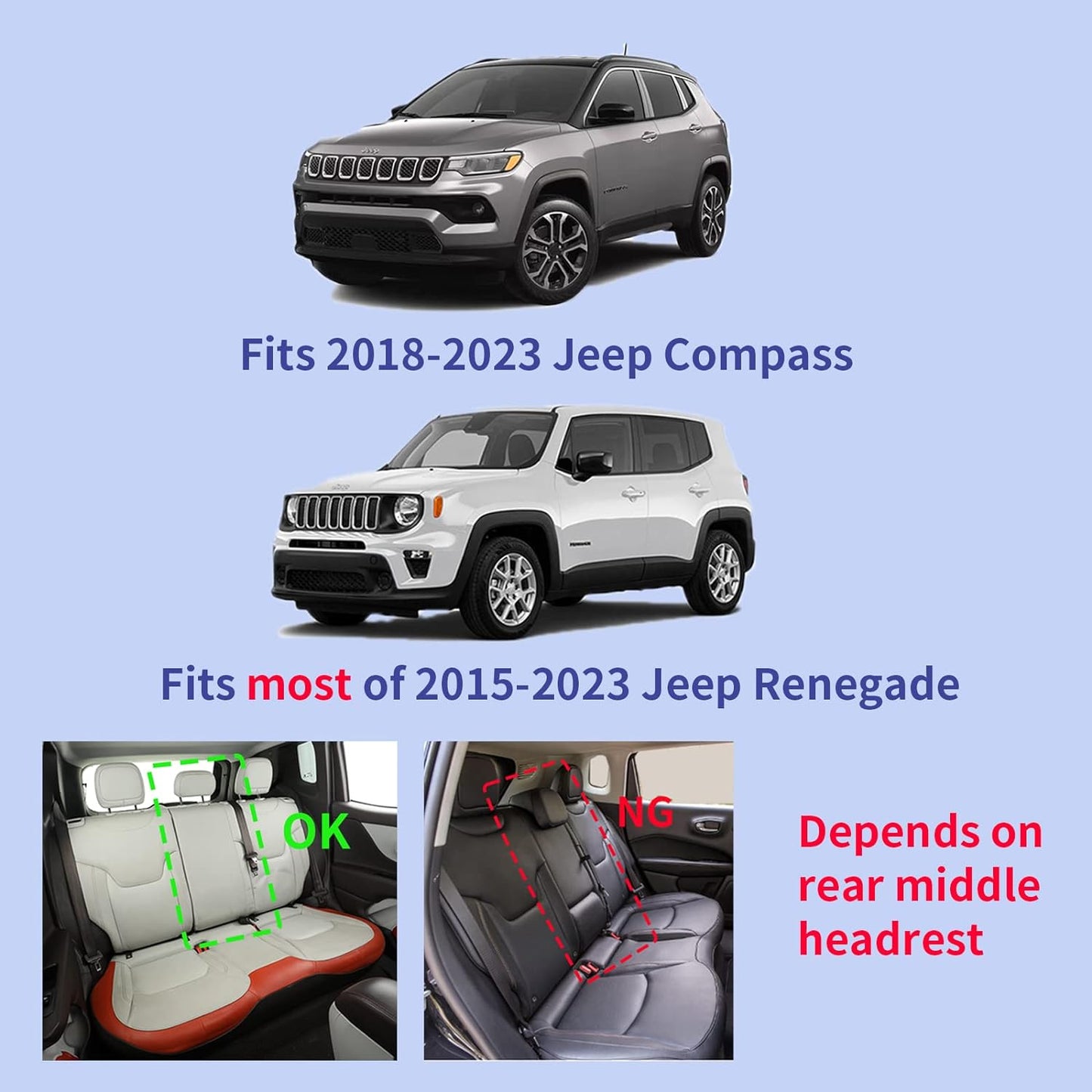 LUCKYMANCLUB Compass-Seĝokovriloj, taŭgaj por Jeep Compass 2018-2023 kaj 2015-2023 Jeep Renegade 4dr SUV kun akvorezista falsa ledo